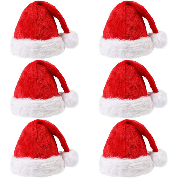Heyone 6-pack jultomtehattar Plysch sammet i traditionellt rött och vitt med Comfort Liner tomteluva för