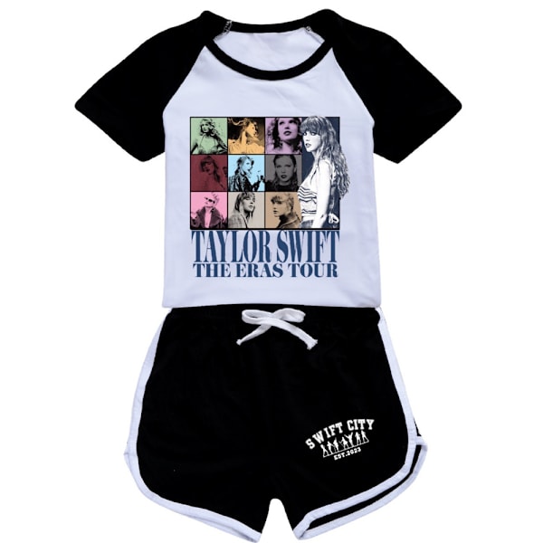 Lasten ja teinien Taylor Swift -painettu T-paita / treenisetti Swiftie-topit Tee-asut Musta Musta Black 170cm