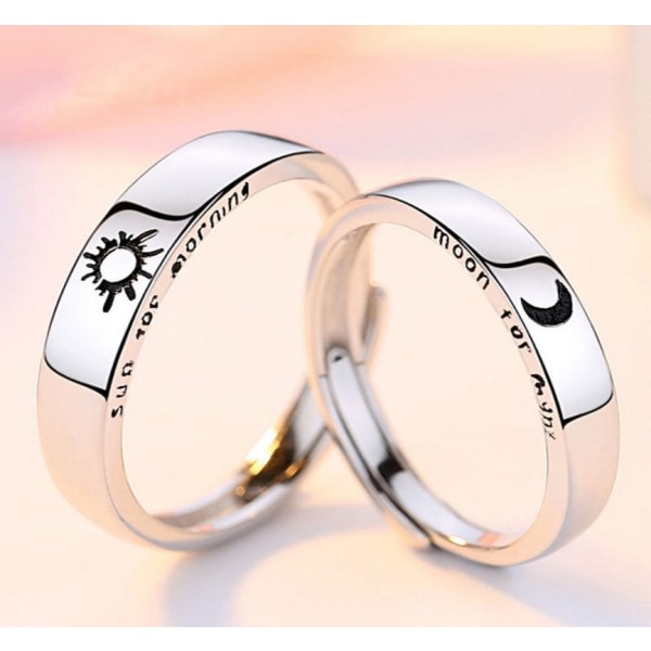 Sun and Moon Ring Silver Par Ring (925 Sterling Silver) (?ppna justerbara partnerringar) (f?r hustru make flickv?n pojkv?n)