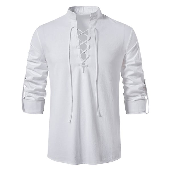 2043 Ny mænds casual skjorte bomuld linned skjorte toppe langærmet t-shirt efterår skrå knap lukning vintage hvid XL zdq