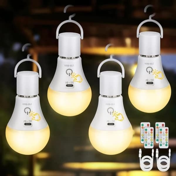 4-pack uppladdningsbara LED-lampor med fjärrkontroll, E27 USB C, 3 färger dimbar touchkontroll för utomhuscamping nödbelysning 4pc