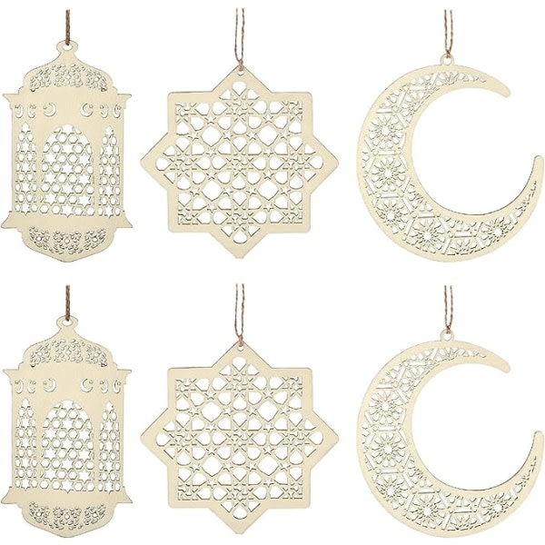 CDQ 2 sett med 6 treheng Ramadan Kareem ornament Brisstjerne Måneform henger for Ramadan Mubarak Eid ornament