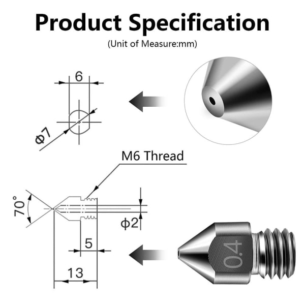 5 st Härdat stål 3D-skrivarmunstycke MK8 extrudermunstycken Alla