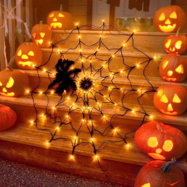 60 Orange LED-lys med sort edderkoppe, Halloween-dekorationer