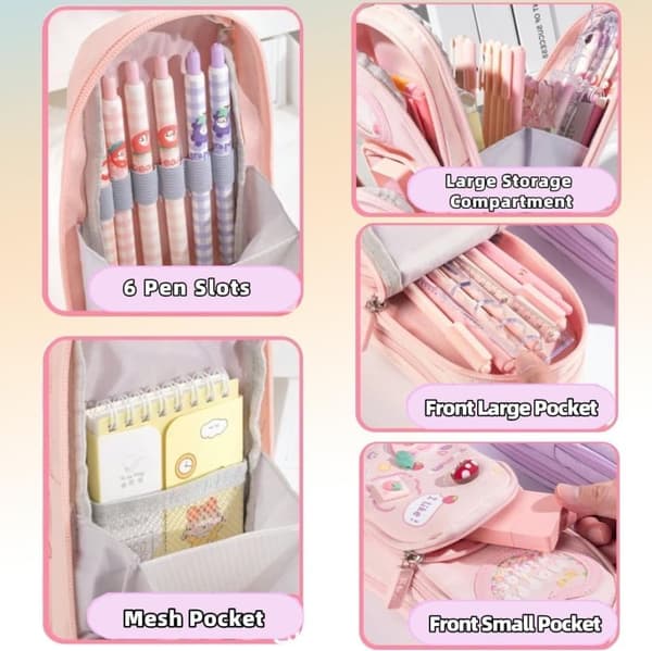 Pencil Case - Cute Pencil Case with 3 Compartments, Multifunctional and Foldable Pencil Case, Large Capacity_TF_TF Rosa