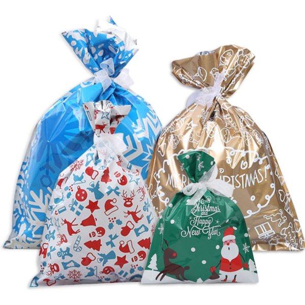 CDQ 30 presentpåsar, 4 storlekar presentpåse med dragsko Jultomtens godisväska och slips