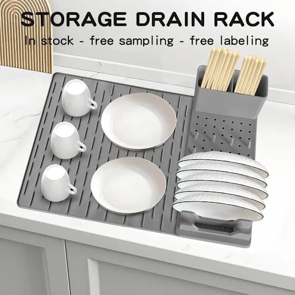 2-pack Silicone Dish Rack and Kitchen Organizer, Foldable with Removable Drainage Mat for Bowls Grå 1 set