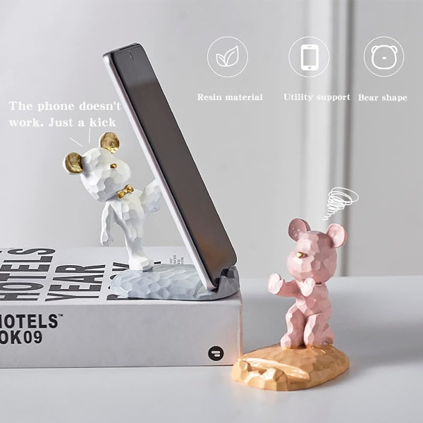 Søt bjørnetelefonstativ for skrivebordsdekorasjon Kawaii telefonstativ (hvit, håndflate støtte)