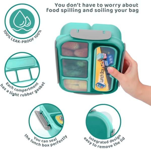 Bento Lunchbox, Bento Lunchbox för vuxna, Lunchbox för småbarn/barn/vuxen, 1300 ml-4 fack och gaffel; Läcksäker (grön)