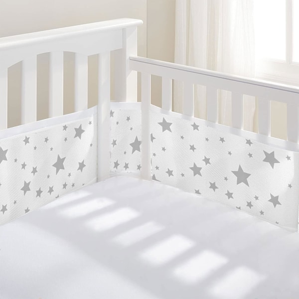 Babysengbeskytter, 4-sidig sammenleggbar sprinkelseng, babysengbeskytter, 3D pustende nett, for å beskytte barn og dekorere sprinkelseng Five-pointed star on white sides
