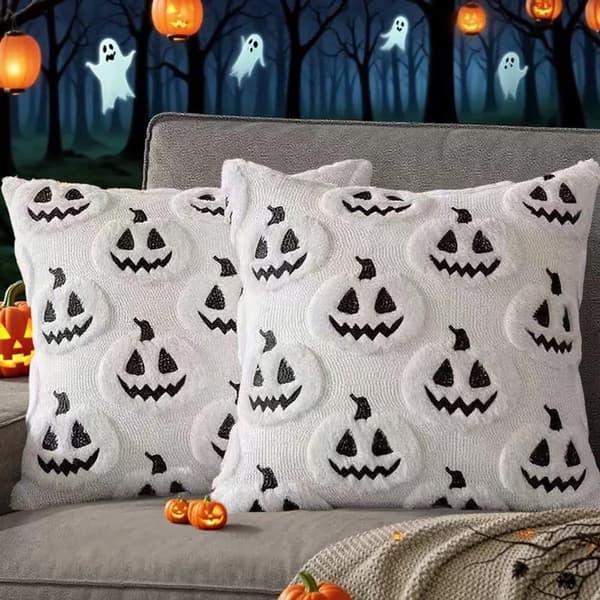 Halloween Pudebetræk Sæt Med 2, 3D Græskar Og Spøgelsesmønster, Blød Polyester, Til Sofa Soveværelse Festindretning, Hvid, 45 x 45 cm
