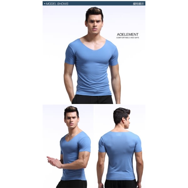 Tunn kortärmad t-skjorte for män med v-ringad farget tight bottentröja slim-fitting sömlösa underkläder modal skräddarsydd t-shirtblå (XXXL) zdq