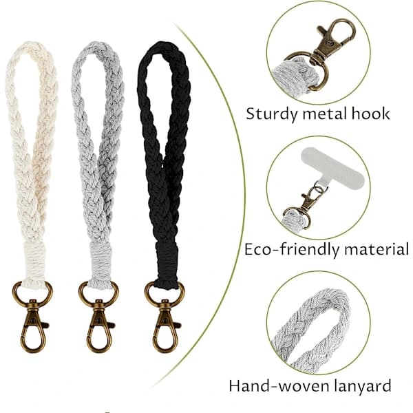 Black White Grey 3-piece Boho Macrame Phone Wrist Strap, Mobile Phone Lanyard with 3-piece Phone Tether Tabs, Handmade Bracelet Keychain Phone Case