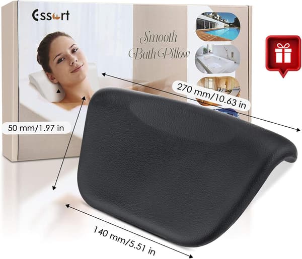 Bath Pillow, Waterproof Bath Tub Pillow for Quick and Easy Drying, Head, Neck and Back Support, Black