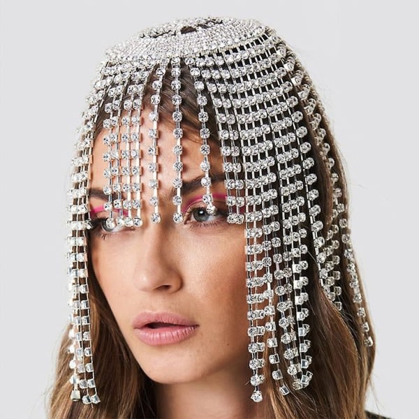 Vintage Crystal Beaded Klaff Cap Rhinestone tofsar Smycken Kedja Headpiece Silver ingen