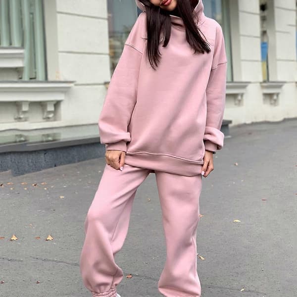 2-delt sæt til kvinder med oversized hættetrøje og joggingbukser, blødt polyester langærmet pullover træningssæt til afslapning, lyserød Pink S