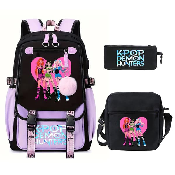 Demon Hunter Flickor Studenter Skoletaske Skuldertaske Casual Penalhus Sort 2_tfrf Black 2 Three-piece set