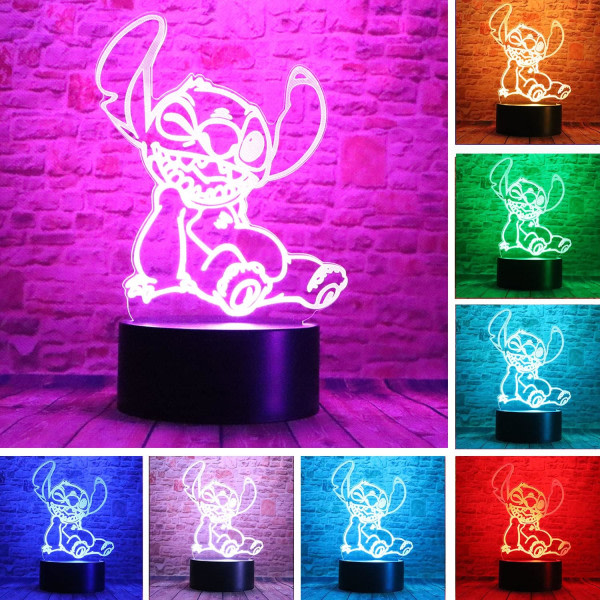 Cartoon Kawaii Stitch Lilo and Stitch Anime Character 3D Optical Illusion LED Sovrumsdekor Sovbordslampa med fjärrkontroll 7 färger