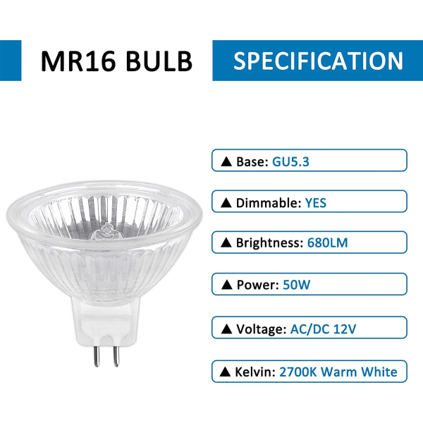 Halogeenilamppu GU5.3 50W 12V, 800lm Lämmin valkoinen 2700K Himmennettävä 6 kpl