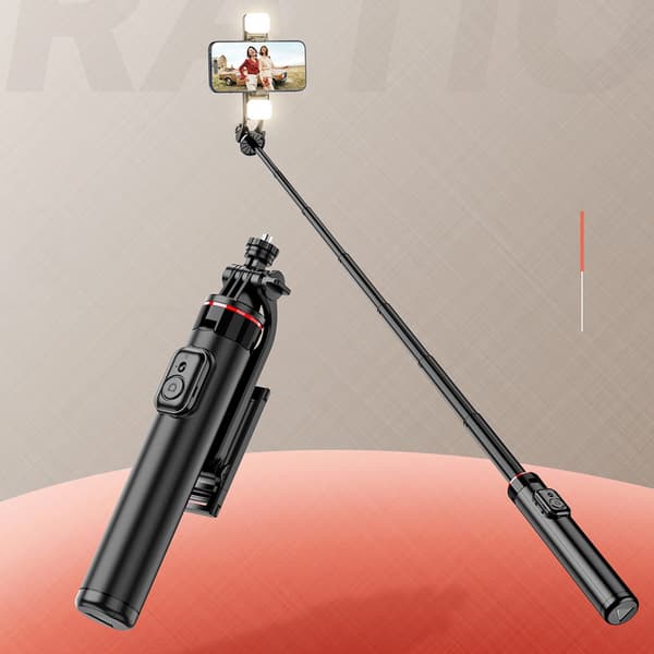 Teleskopisk selfiestang med tripod, doble LED-lamper og Bluetooth