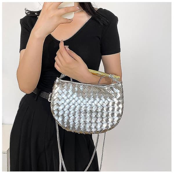Mini vävd sardinväska, Crossbody-väska för kvinnor, handväska B1679 Silver