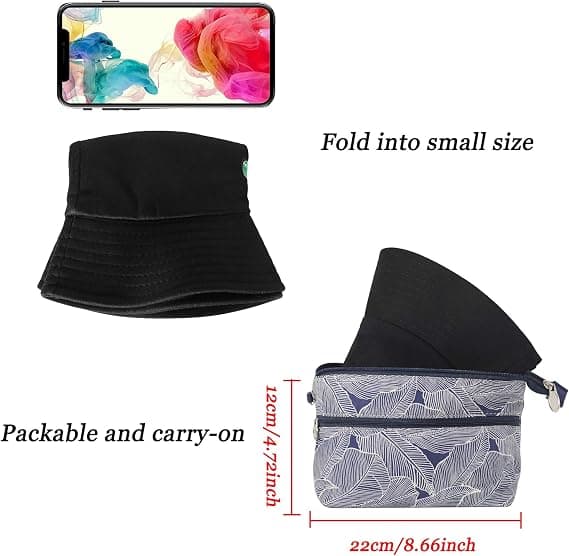 Bucket Hat Bomuld Sommer Fiskerhat til Kvinder Mænd, (kaktus-sort)