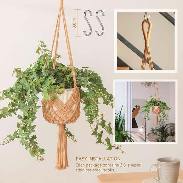 Makramé-växthängare 2-pack, handvävd bomullsrep-hängare med S-krokar för 20 cm krukor, Boho-inredning för inomhus- och utomhusbruk, Karamell