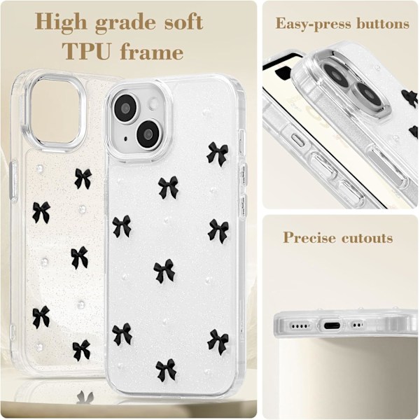 Deksel til iPhone 15, Bling Glitter 3D Rosett Telefondeksel Søtt Glitrende Krystallklart Rosett Slim Mykt Slitesterkt Beskyttende Deksel Svart Black iPhone 15