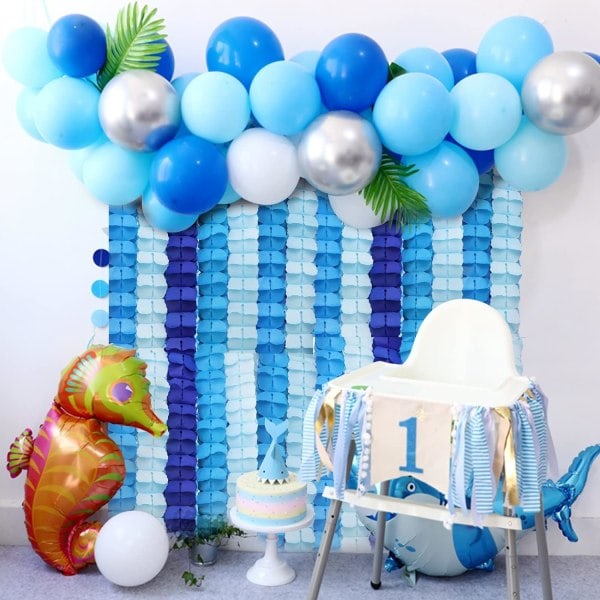 RUBFAC 6 stk. Firkløver guirlande fest blå og hvide streamers silkepapir hængende blomsterguirlande til Frozen fest babyshower dekoration