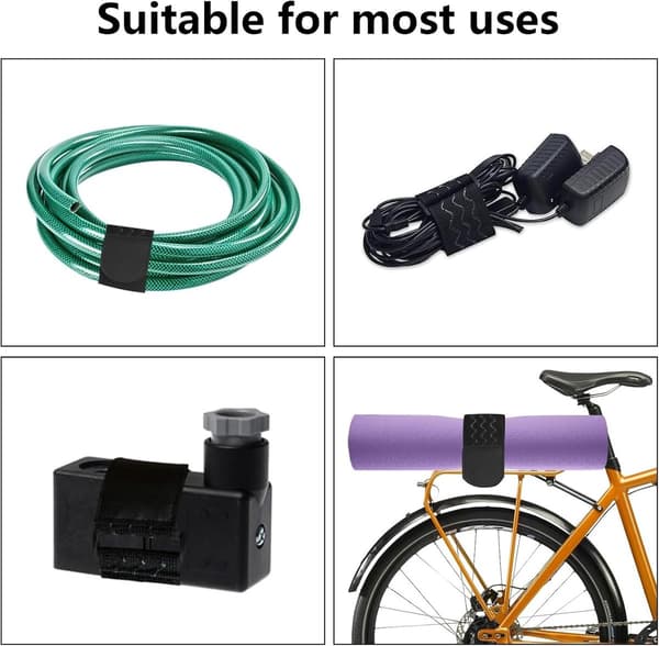 Elastiske velcrostropper, skridsikre silikone nylonkabelbindere til ledninger, slanger, cykler og bukseclips, 4-pak sort