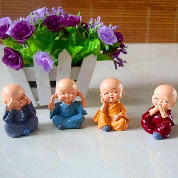4 söta Kung Fu munkstatyer Miniatyr Buddha figur Vis figur Baby Little Monk Skulptur Samlarföremål Hantverk Konst Zen Prydnader Dekoration Present