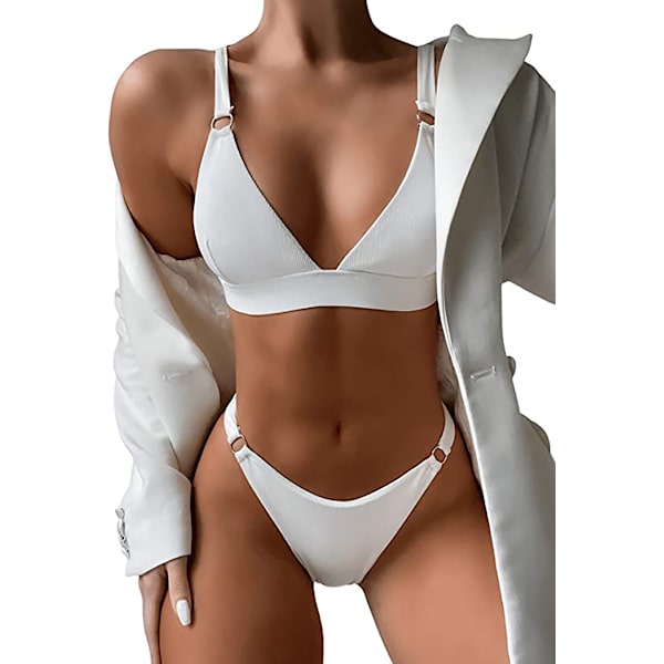 Ribbad ringdetaljerad bikini med hög hals
