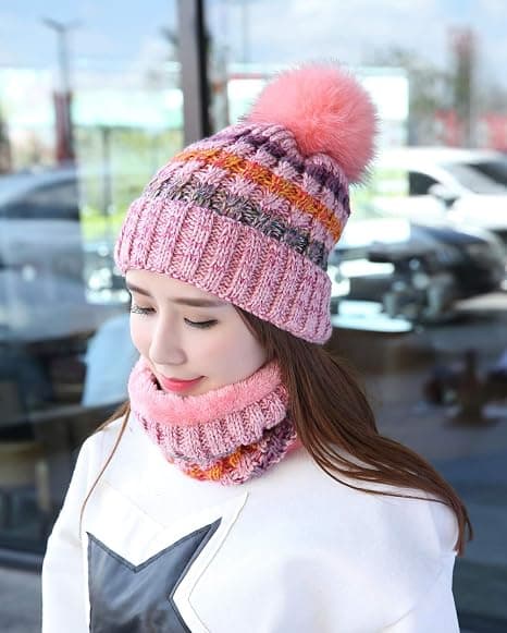 Vintermössa och halsduksset för kvinnor, stickad mössa med pompom Pink_tfrf Pink