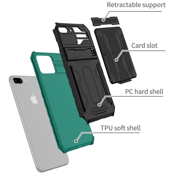 Veske til Iphone 7 Plus kortholdere Coque Kickstand Hockproof Bumper Etui Handytasche - Grön null ingen