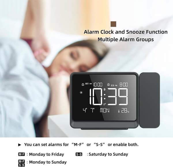 Digital projektionsväckarklocka med stor LED-display, Bluetooth-tidssynkronisering, USB-laddningsport, justerbar volym, sovrum, svart
