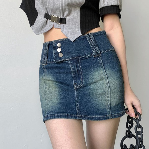 CDQ Damer Casual høj midja rak kort mini jeanskjol vaskede jeans minikjol (blå, L)