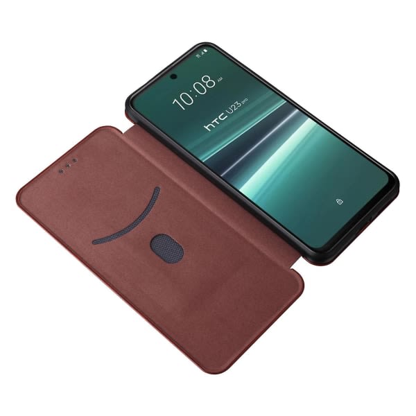 HTC U23 Pro 5G Telefonställ Case Carbon Fiber Texture Cover kortplats Ruskea