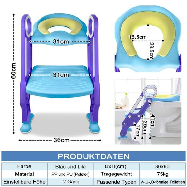 UISEBRT Lasten WC-istuin kokoontaitettavilla portailla, polyuretaanipehmusteet ja kahvat, korkeussäädettävä, sininen ja violetti