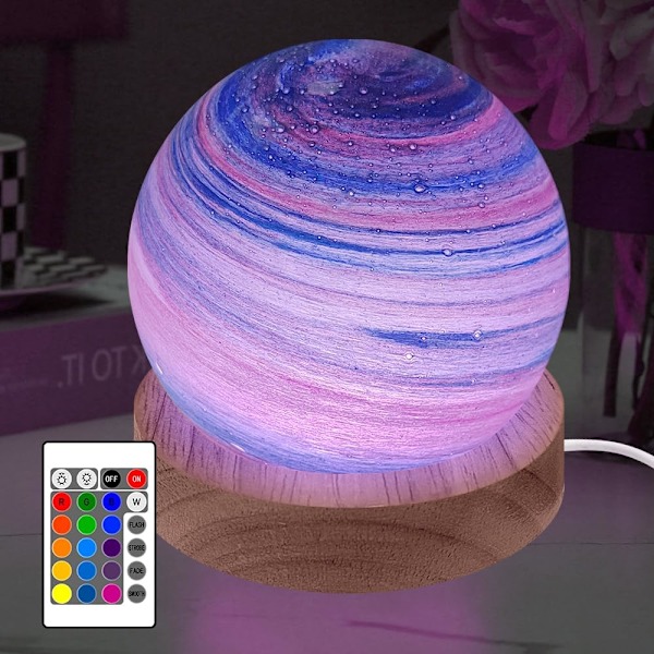 3D LED Planetlampa, Dimbar Nattlampa med RGB-Färger, Träbas för Sovrumsdekoration (8cm) Svart Svart Svart