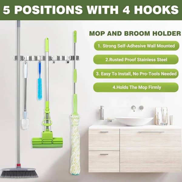 Broom Holder Wall Mount Stainless Steel Mop Organizer 5 Slots 4 Hooks Grey