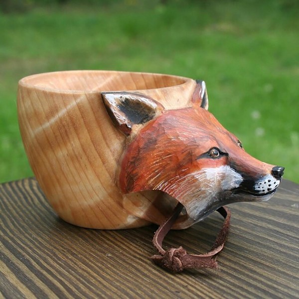 Handmade Wooden Cup with Animal Head for Travelers, Outdoor Camping
