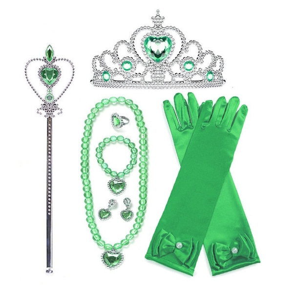 Prinsessekjole tilbehør til udklædning, Prinsessekrone/Elsa Kostume Paryk/Diadem/Handsker/Tryllestav/Ring/Øreringe/Halskæde, 2-10 år grøn green