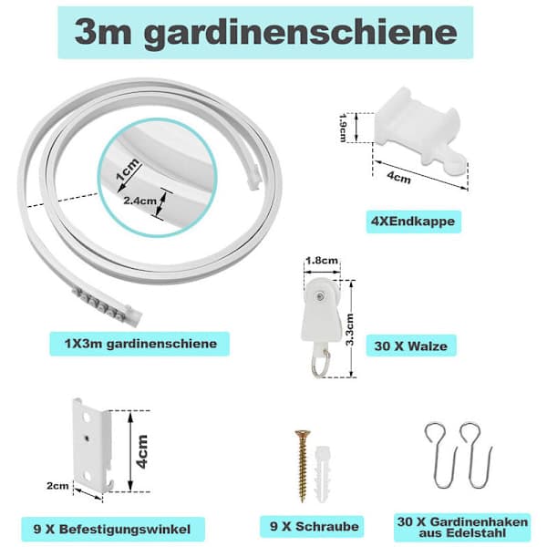 Fleksibel gardinskinne PVC med stålplader bøjelig loftmontering til karnapper rumdeler hvid 3M