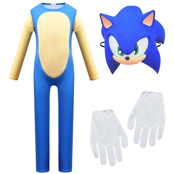 Sonic The Hedgehog Cosplay Halloween Kläder för Barn Pojkar Flickor Jumpsuit + Mask + Handskar 3-4 år = EU 92-98