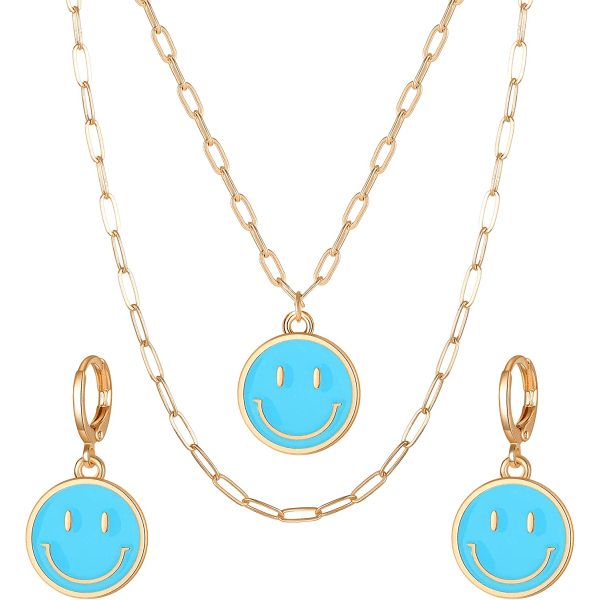 CDQ Smiley -halsband och örhänge set, 14K guld i multi lager blå