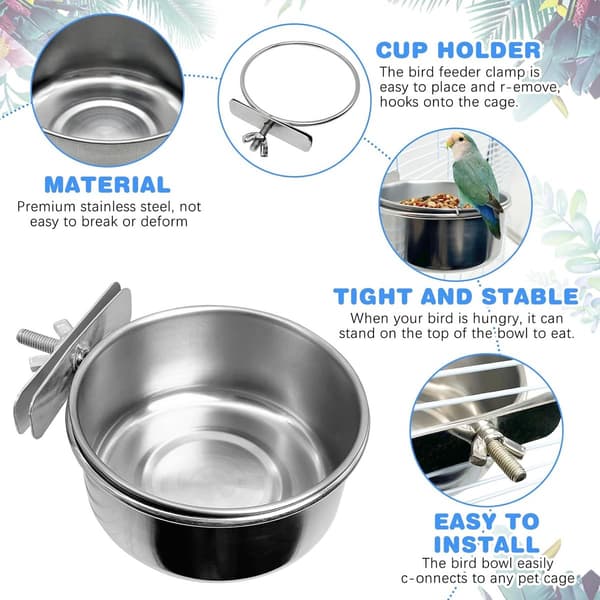 Papegøjefoder - Fuglefoder - Vandskål i rustfrit stål til fuglebur med klemmeholder - Velegnet til fugle og hamstere - 10 cm - 2 stk.