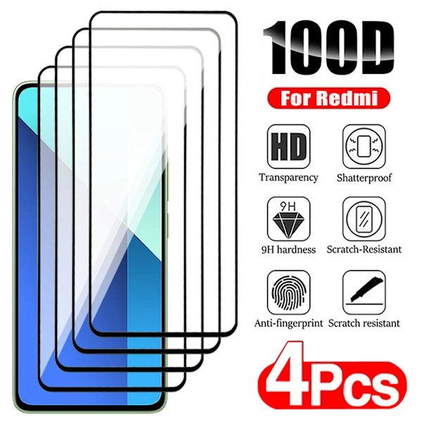 4 stk skjermbeskyttelse for Xiaomi Redmi Note 13 12 12T Pro herdet glass skjermbeskytter Redmi 12C 13C A1 A2 Plus beskyttelsesfilm Redmi Note 12 4G