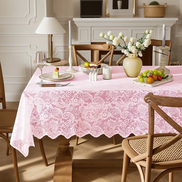 Rosa rektangulär spetsduk, polyester med blommönster och vågig kant, 150 x 200 cm, för evenemang och heminredning