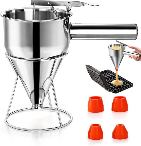 Røremaskin, rustfritt stål, 1200 ml med spak, stativ og 4 silikondyser for pannekaker, vafler og hjemmebaking, sølv