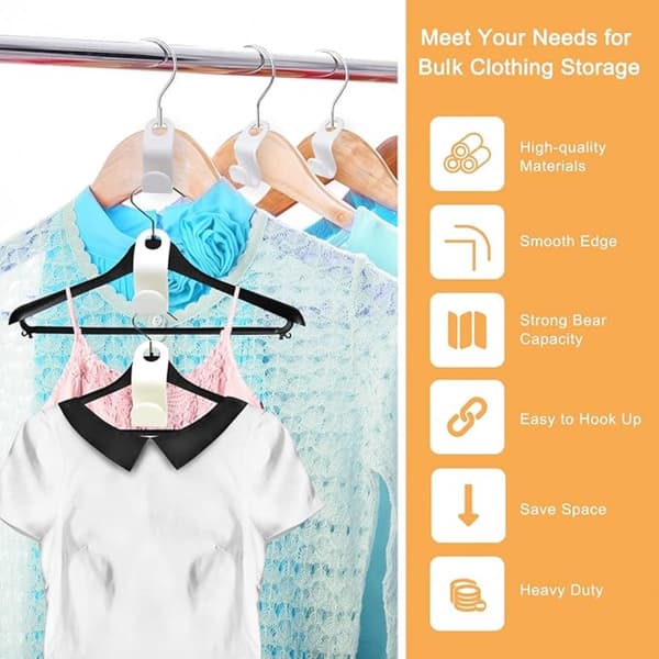 Clothes Hooks 50-pack - White Plastic - Cascade Hanging - Hanger Extension Clips - Space Saving for Wardrobe